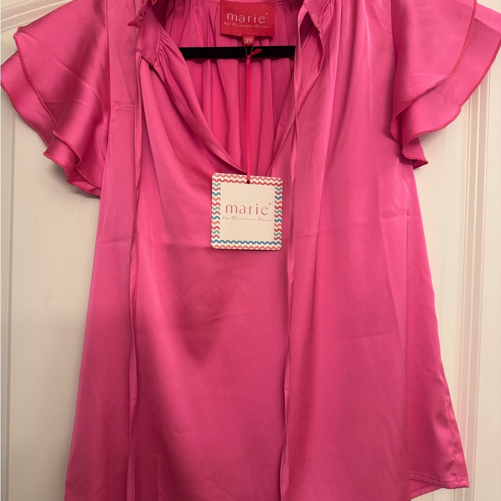 Victoria Dunn Pink Flutter Sleeve Ruffled Blouse